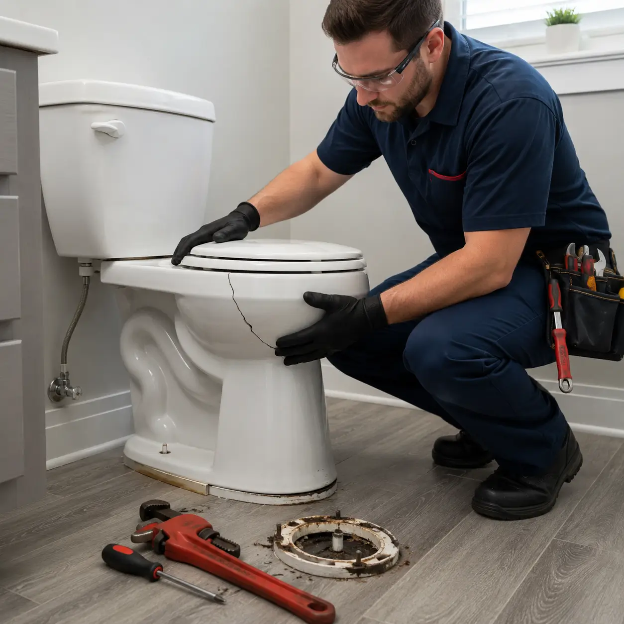 Professional plumber repairing a cracked toilet bowl