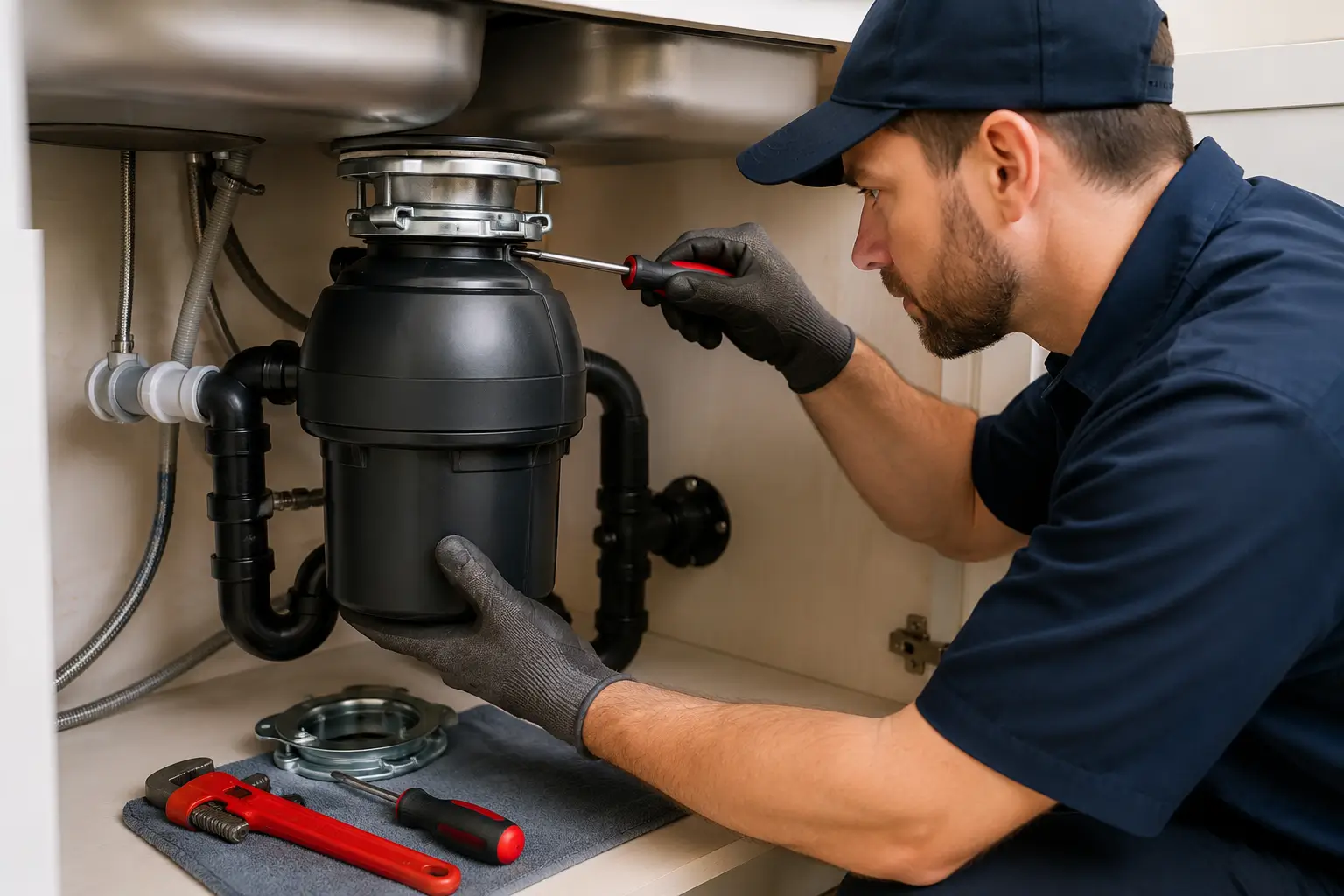 Professional plumber repairing a garbage disposal unit
