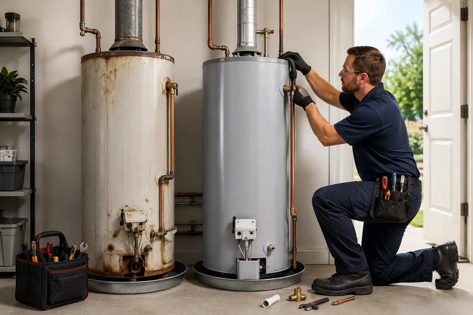 Professional plumber replacing Water Heater