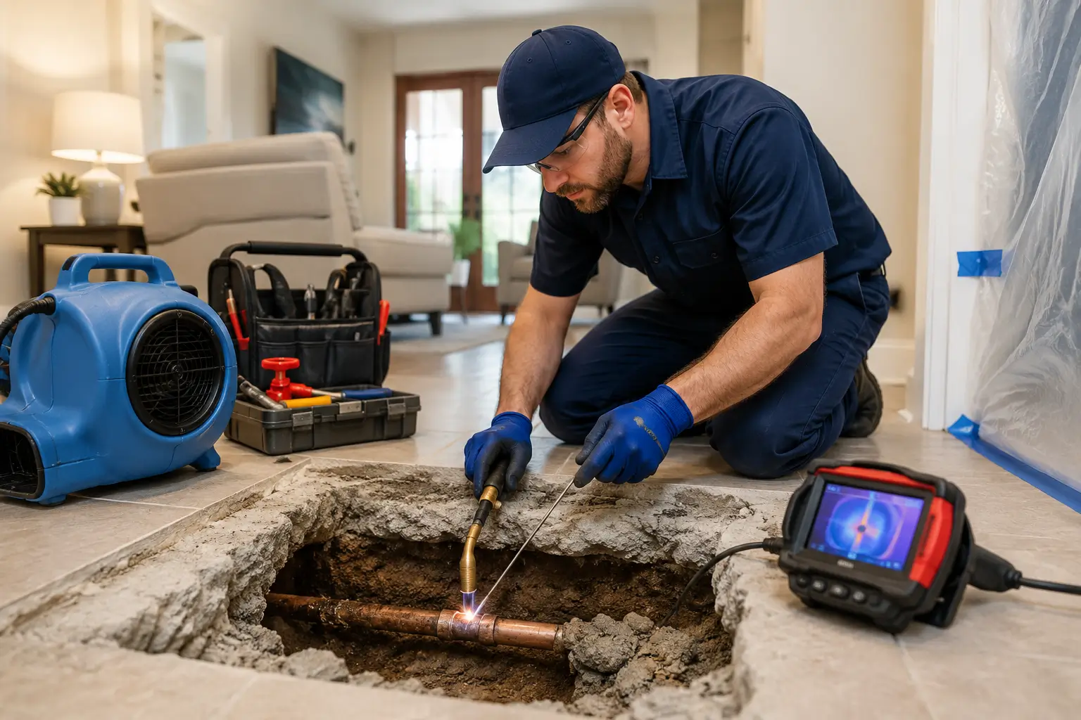 Professional Slab Leak Repair Services Professional plumber repairing a residential slab leak