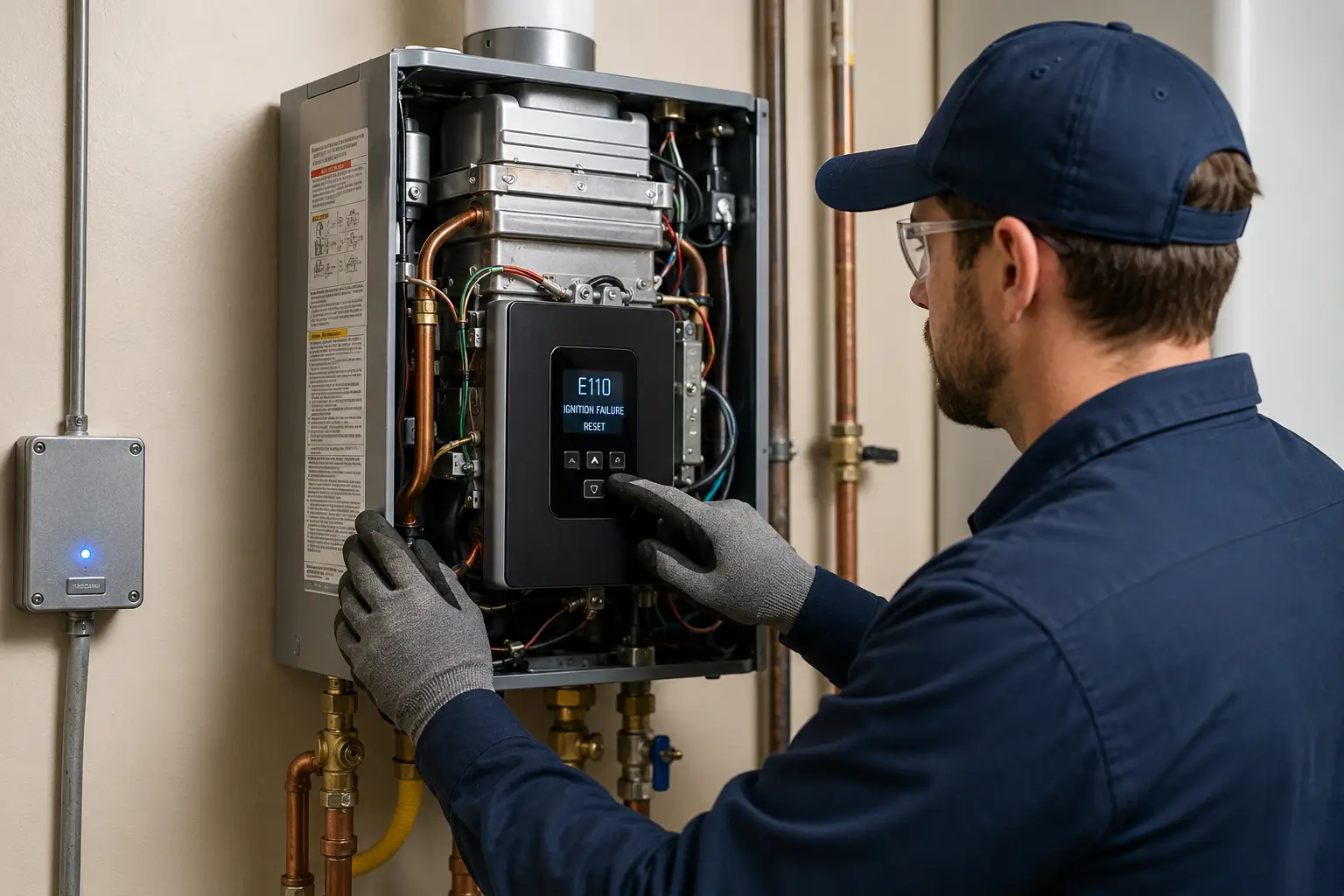 Professional technician repairing tankless water heater while diagnosing an error code