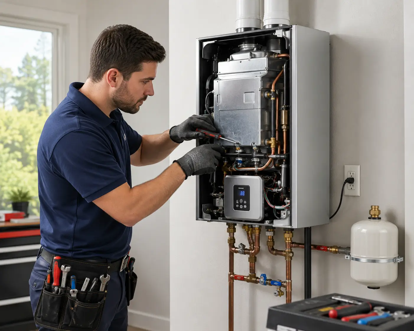 Professional plumber repairing tankless water heater