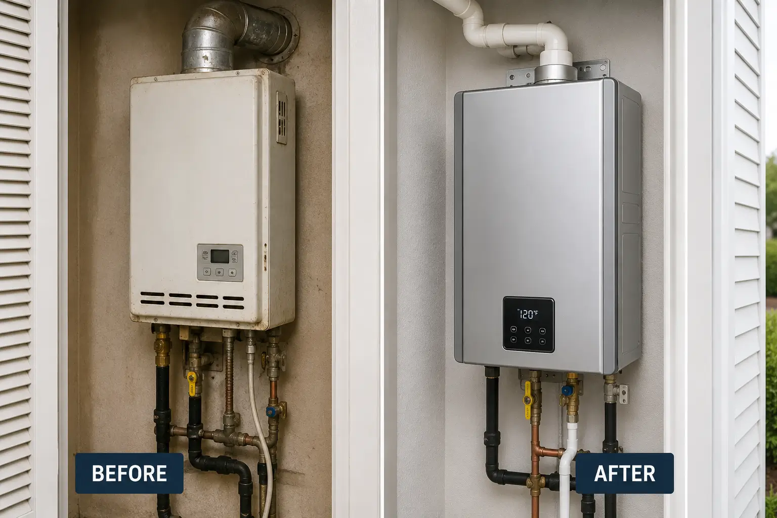 Before and after tankless water heater replacement