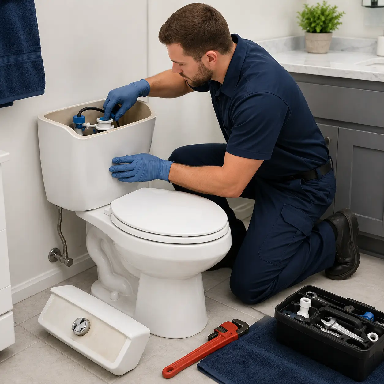 Professional plumber repairing toilet